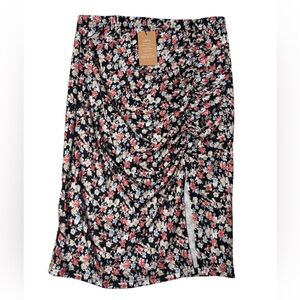 SHEIN Floral Ruched‎ Midi Skirt with Side Slit - Size L